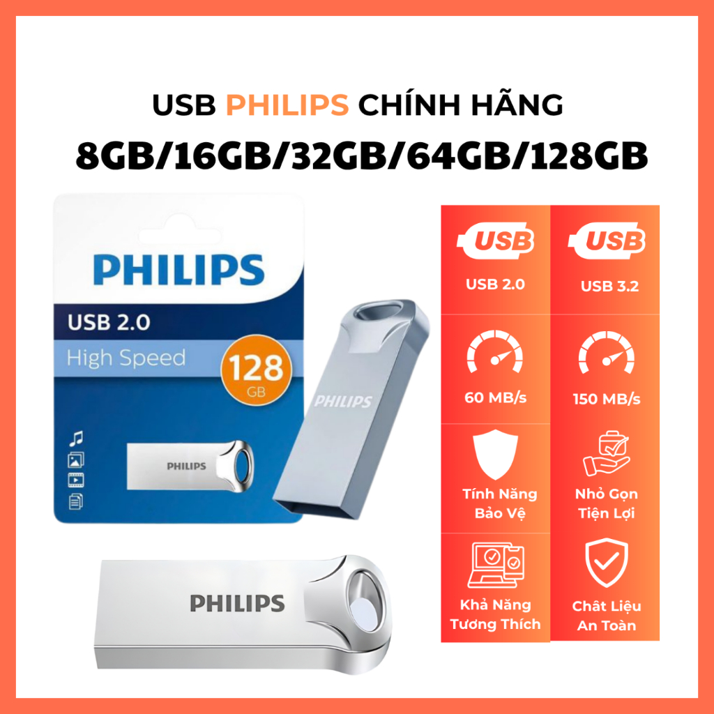 USB 2.0 PHILIPS Chính Hãng 8GB/16GB/32GB/64GB/128GB – Vỏ Kim Loại Mini Chống Nước Siêu Bền