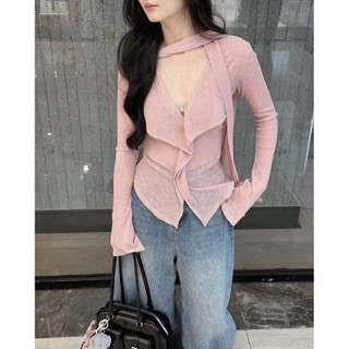   Steezy  Áo kiểu tăm trơn vạt nhún bèo cổ khăn form ôm áo dài tay thu đông cho nữ P9602 