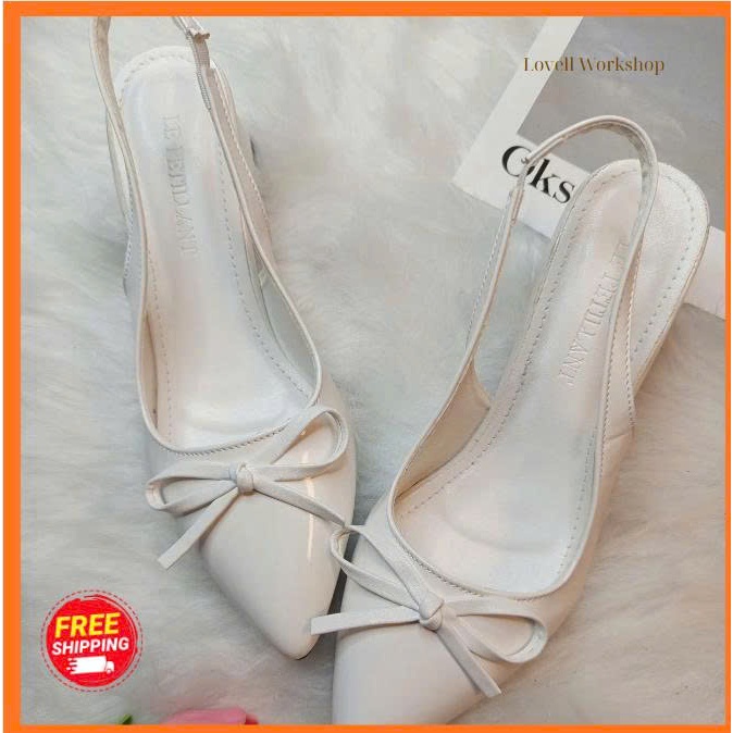 Giày Cao Gót Mũi Nhọn Nơ Da Bóng Mềm Hở Gót