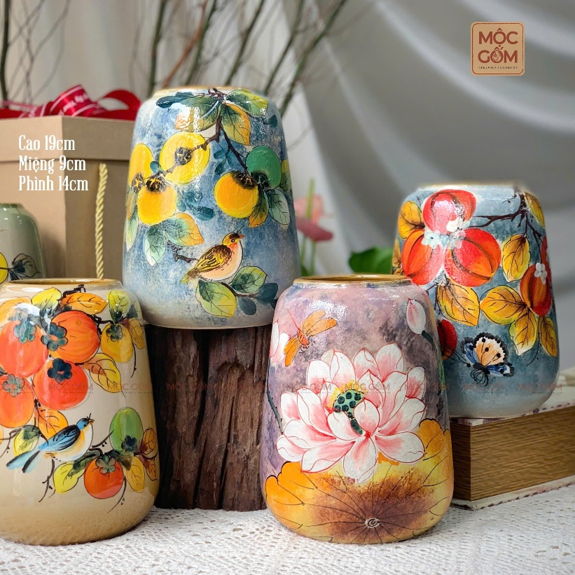  Bình vẽ hoa hồng gốm Bát Tràng cao cấp xinh xắn decor lọ sứ cắm hoa trang trí để bàn MG110 