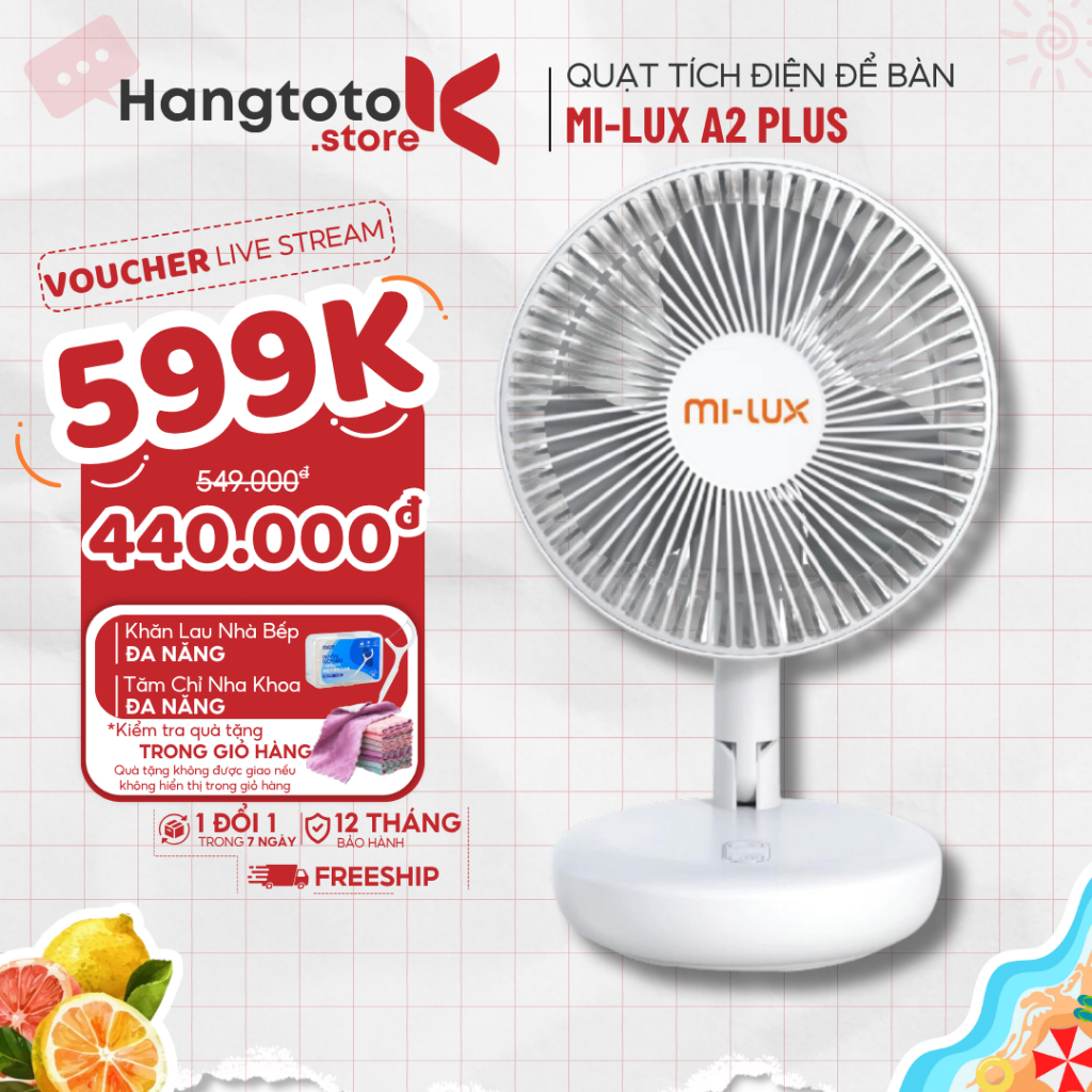 Quạt Tích Điện Để Bàn MI-LUX A2 Plus, Động Cơ 8W Mạnh Mẽ, Pin 2400mAh, Quạt Mini Tiện Lợi, Cổng Sạc USB