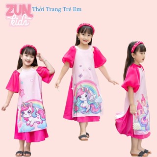  Áo Dài Bé Gái Hồng Pony Cổ Yếm J7421 | Áo Dài Cách Tân Bé Gái Tay Phồng Xinh Xắn Chất Đũi In Hình Dễ Thương ZUN Kids 