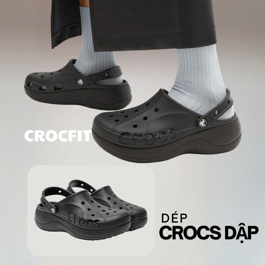 Giày Sục CROCS Chữ Đế Cao 5Cm Siêu Hot (Tặng 10 Sticker 3D Ngẫu Nhiên), Giày Clog Nữ Crocs Baya Plat