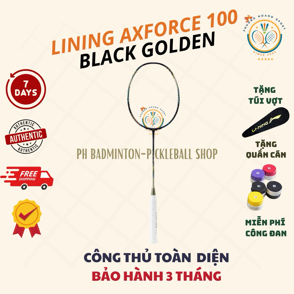 HOẢ TỐC [Đan cước-Tặng túi+Quấn] Vợt Cầu Lông Lining Axforce 100 Black Golden - Golden Kirin Chính H