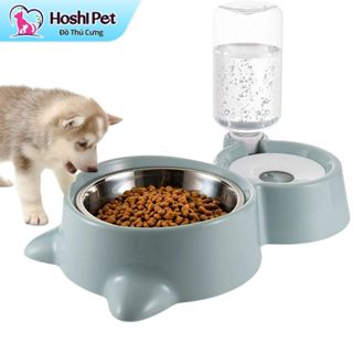 Bát ăn chó mèo 2 ngăn có chén thức ăn inox và bình nước uống tự động cho chó mèo Hoshi Pet BA01