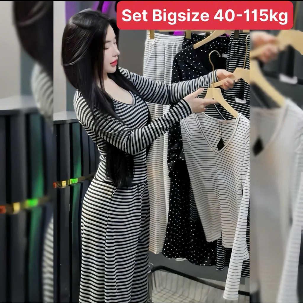 Thời Trang Bigsize - Set Bộ Tay Dài Thun Tăm Bigsize Body Sọc Ngang Che Giấu Bụng Hot Hit Nữ Chuppy 
