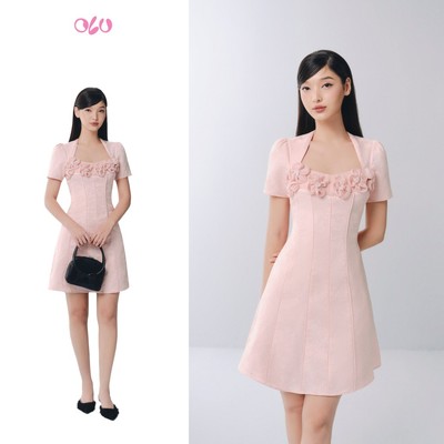 Đầm OLV chữ A cổ vuông đính hoa nữ tính màu sắc ngọt ngào Fuchsia phù hợp đi làm đi chơi