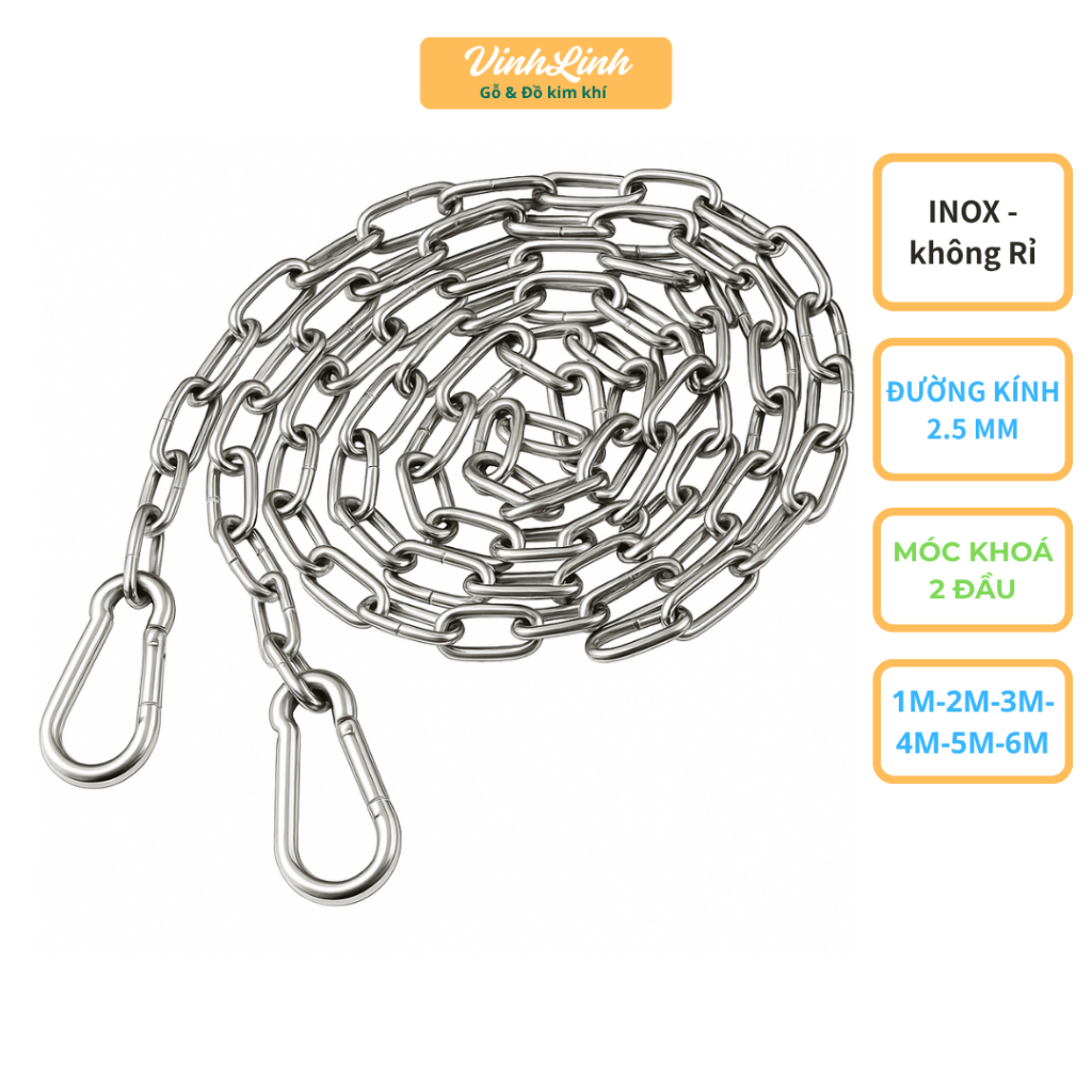 Dây phơi quần áo INOX, Xích inox - CHỐNG XÔ - Nhiều kích thước[2 móc 2 đầu xích] | BigBuy360 - bigbuy360.vn