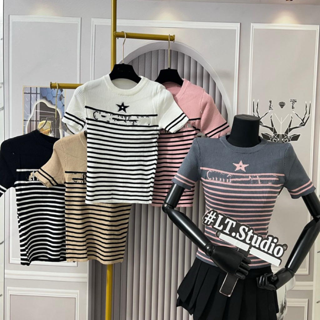 LT - Áo len dệt kim kẻ sọc ngang cộc tay nhiều màu dáng ôm body (bảng màu new ) 246