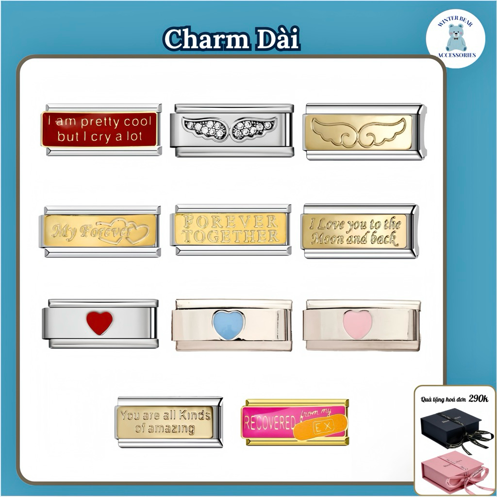 Vòng tay ITALIAN CHARM (MẪU CHARM DÀI  ) - Hàng có sẵn - DIY 9mm Thép Không Gỉ
