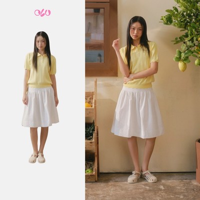 Chân váy OLV cotton chữ A basic trẻ trung White Cotton Midi Flared Skirt phù hợp mọi dịp
