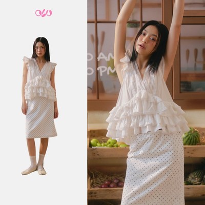 Áo OLV kiểu nữ phối bèo cổ V White Muslin Tiered Ruffled V Neck Top trendy trẻ trung