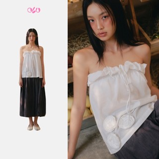 Áo kiểu nữ cúp ngực nhún bèo White Cotton Ruffled Tube Top nữ tính dễ thương OLV