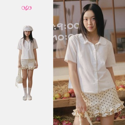 Áo sơ mi OLV tay ngắn trẻ trung White Cotton Short Sleeve Collar Shirt đơn giản phù hợp mọi dịp