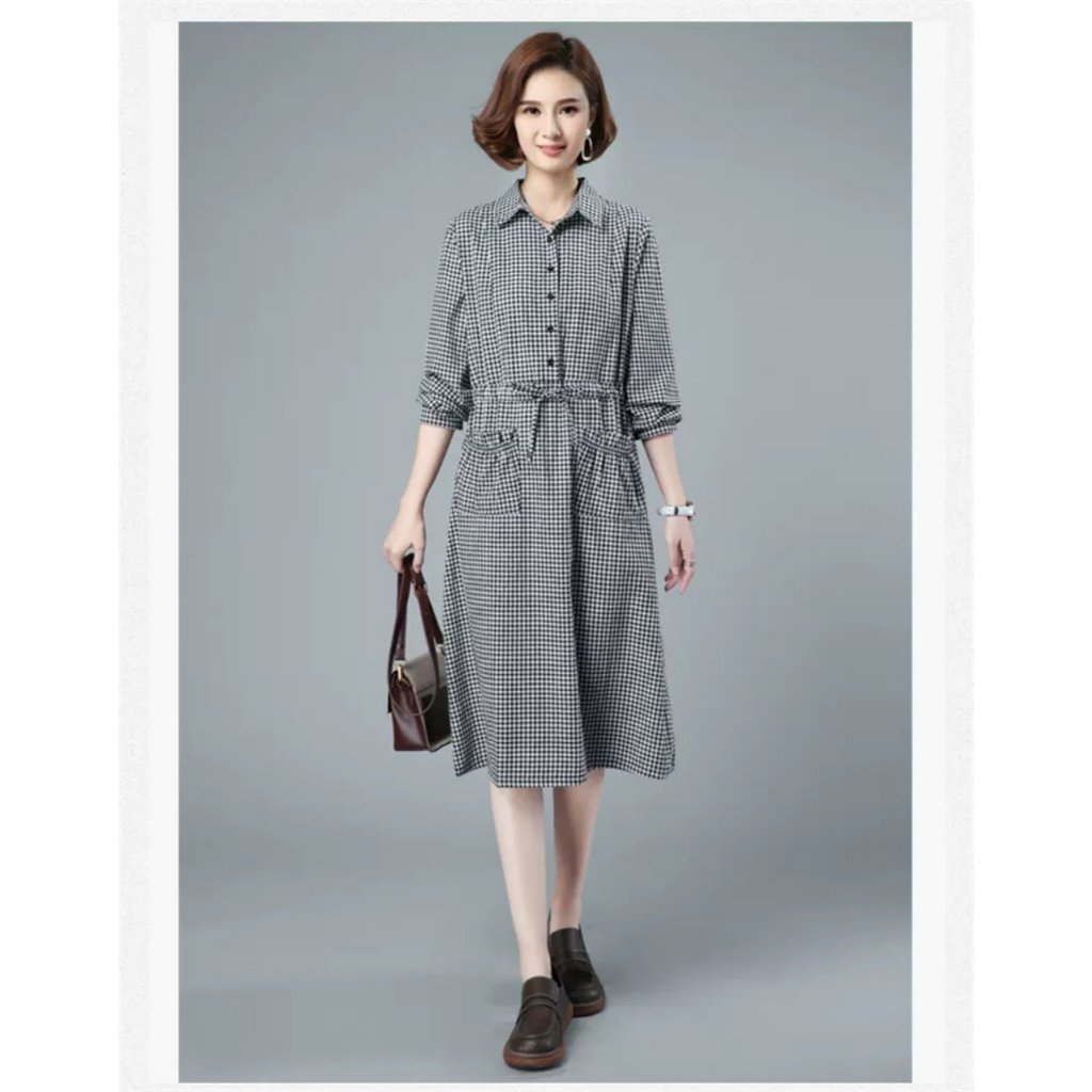Đầm váy sơ mi nữ kẻ caro, Đầm sơ mi nữ dáng dài thắt eo công sở Đũi Việt