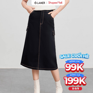 Chân váy jean dáng midi VIEN TRAN suông nắp túi giả V62T24Q006