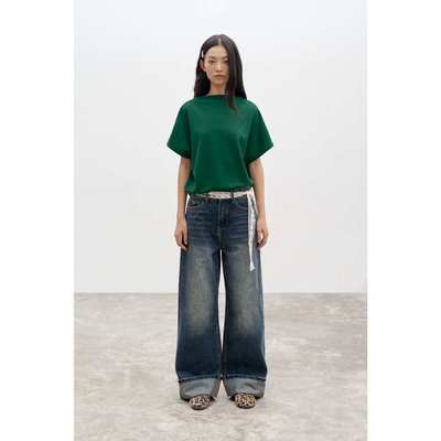LIBÉ WORKSHOP - Quần jeans ống suông xắn gấu màu wash xanh dương đậm 7205