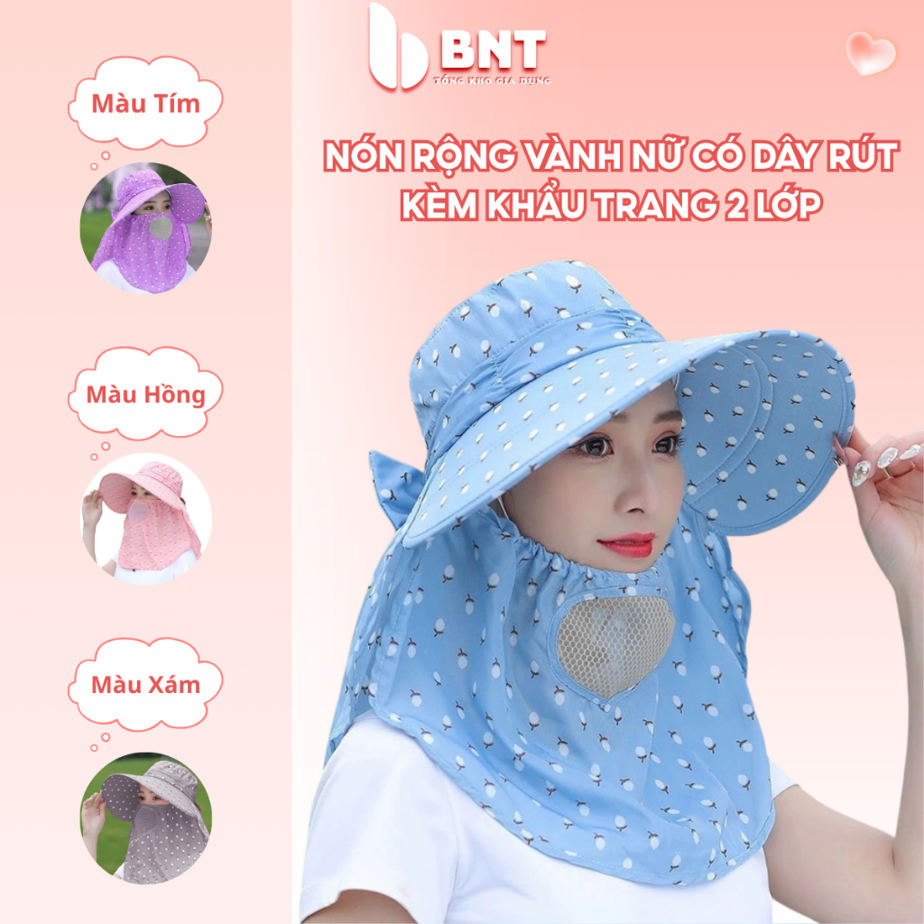 Nón Rộng Vành Nữ Có Dây Rút Kèm Khẩu Trang 2 Lớp, Mũ Chống Nắng Chống Tia UV Cotton Cao Cấp TỔNG KHO BNT