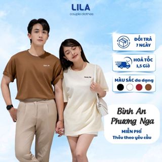 Áo thun unisex nam nữ thêu tên theo yêu cầu form regular chất liệu cotton co dãn thoáng mát, áo phông cặp đôi - Lila