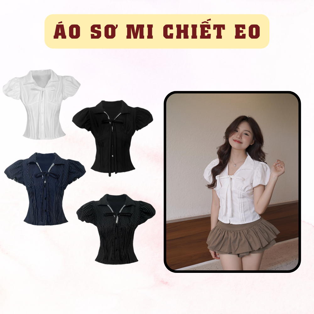 Áo Sơ Mi SAIGONESE Form Chiết Eo Phối Ren Nơ Tay Phồng Chuẩn Dáng Nữ - A01SP | BigBuy360 - bigbuy360.vn