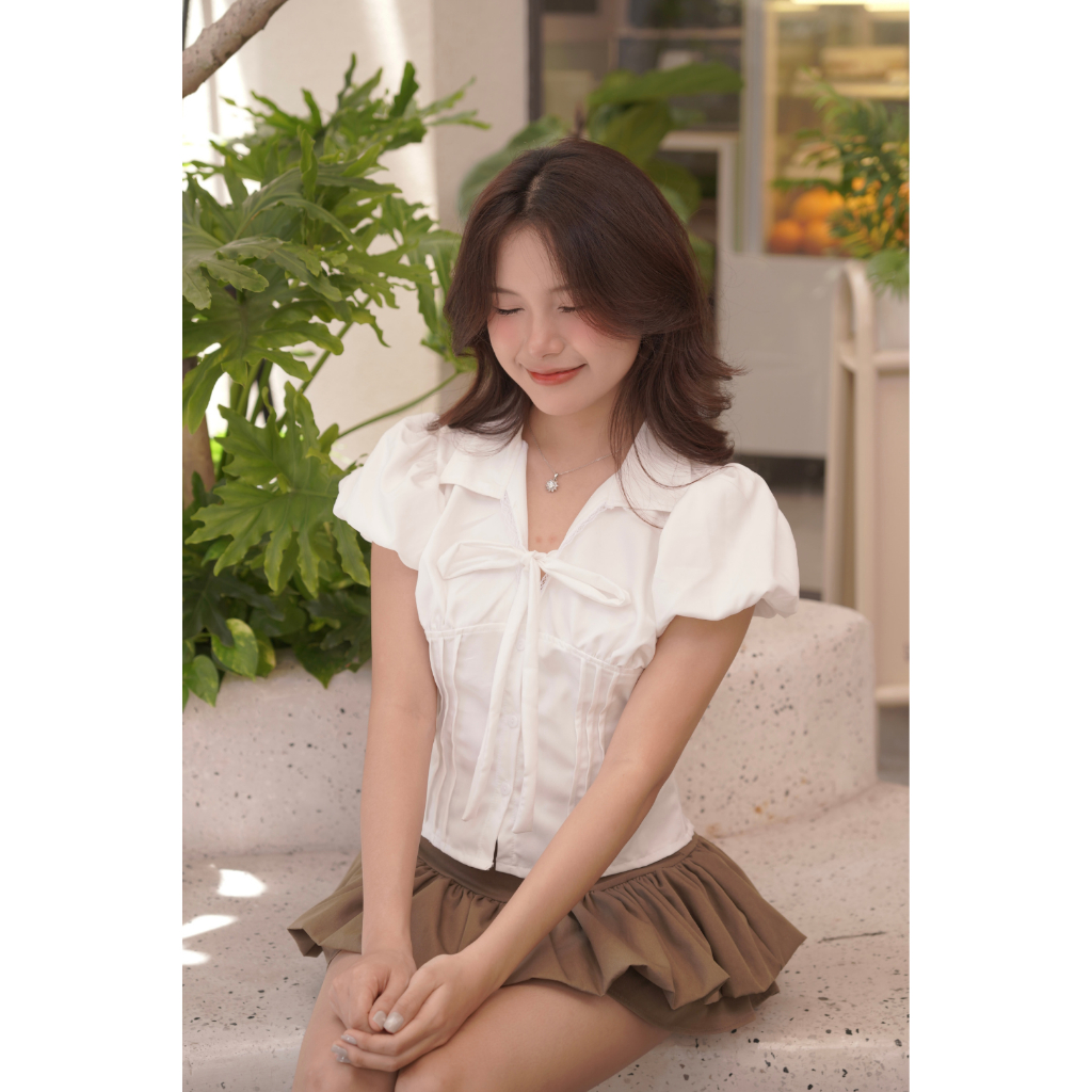 Áo Sơ Mi SAIGONESE Form Chiết Eo Phối Ren Nơ Tay Phồng Chuẩn Dáng Nữ - A01SP | BigBuy360 - bigbuy360.vn