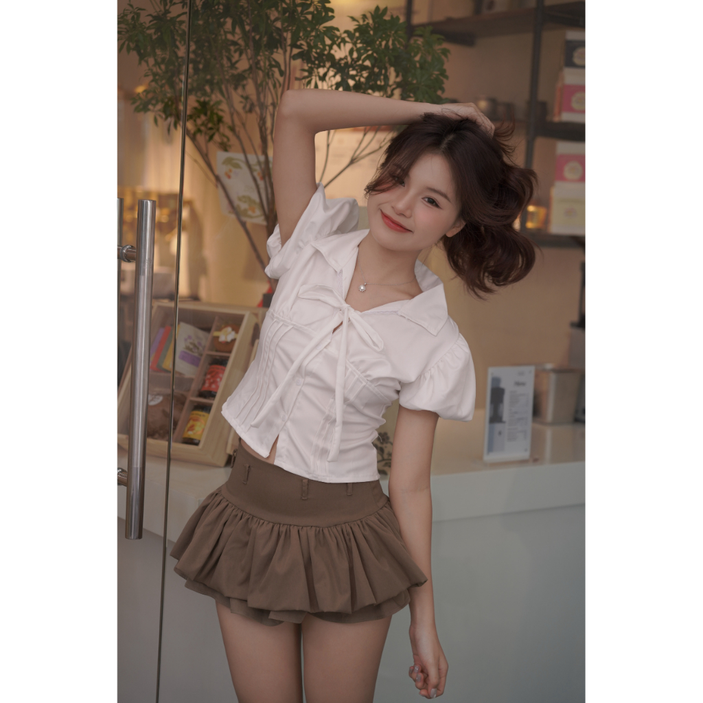 Áo Sơ Mi SAIGONESE Form Chiết Eo Phối Ren Nơ Tay Phồng Chuẩn Dáng Nữ - A01SP | BigBuy360 - bigbuy360.vn