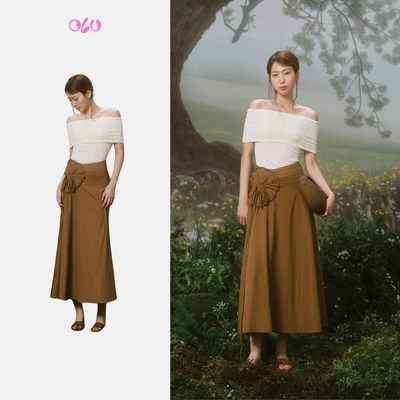 Chân váy OLV dài nhún hoa cách điệu Brown Parachute Bowy Skirt thanh lịch nữ tính