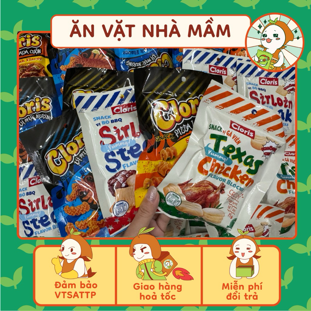 Combo Snack Cloris đủ vị Mực nướng/ Pizza cuộn/ Bò BBQ/Gà Viên ( ăn là nghiền) , Ăn Vặt Nhà Mầm.