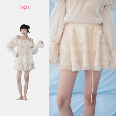 Chân váy OLV tầng xòe cột nơ nữ tính Cream Chiffon Layered Mini Skirt phù hợp đi chơi đi tiệc