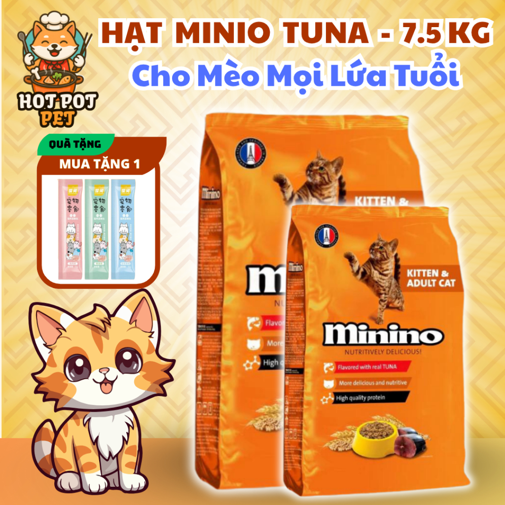[Bao Xá 7,5Kg] Thức Ăn Hạt Minino Tuna - Tăng Cường Miễn Dịch Xương Và Răng Chắc Khoẻ Cho Mèo Mọi Lứa Tuổi HotPotPet