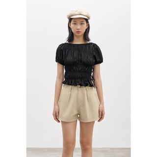  LIBÉ WORKSHOP -  Áo tay phồng thân nhún smocking cột nơ eo màu đen 7355 