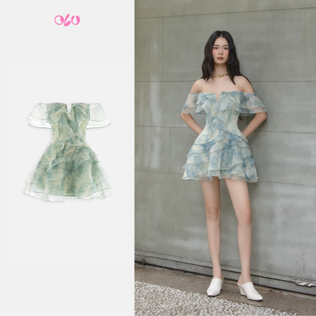  Đầm kiểu voan hoa trễ vai phối bèo dáng xòe Ianthe thanh lịch nữ tính OLV 