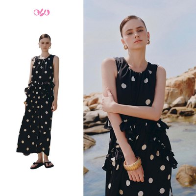 Đầm lụa Maxi OLV dáng suông chấm bi phối bèo nữ tính cổ xếp ly cách điệu Black Dot Loose Maxi Dress