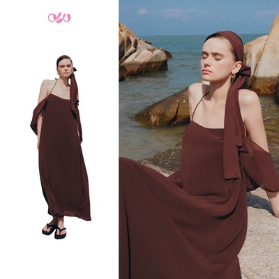 Đầm OLV suông cổ yếm dáng Maxi tay rơi kèm dây cột tóc Brown Chiffon Off Shoulder Maxi đi biển