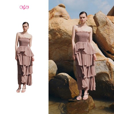 Đầm OLV cúp ngực maxi ôm tôn dáng xếp tầng bèo bồng bềnh Mauve Chiffon Ruffled Cup Dress đi biển
