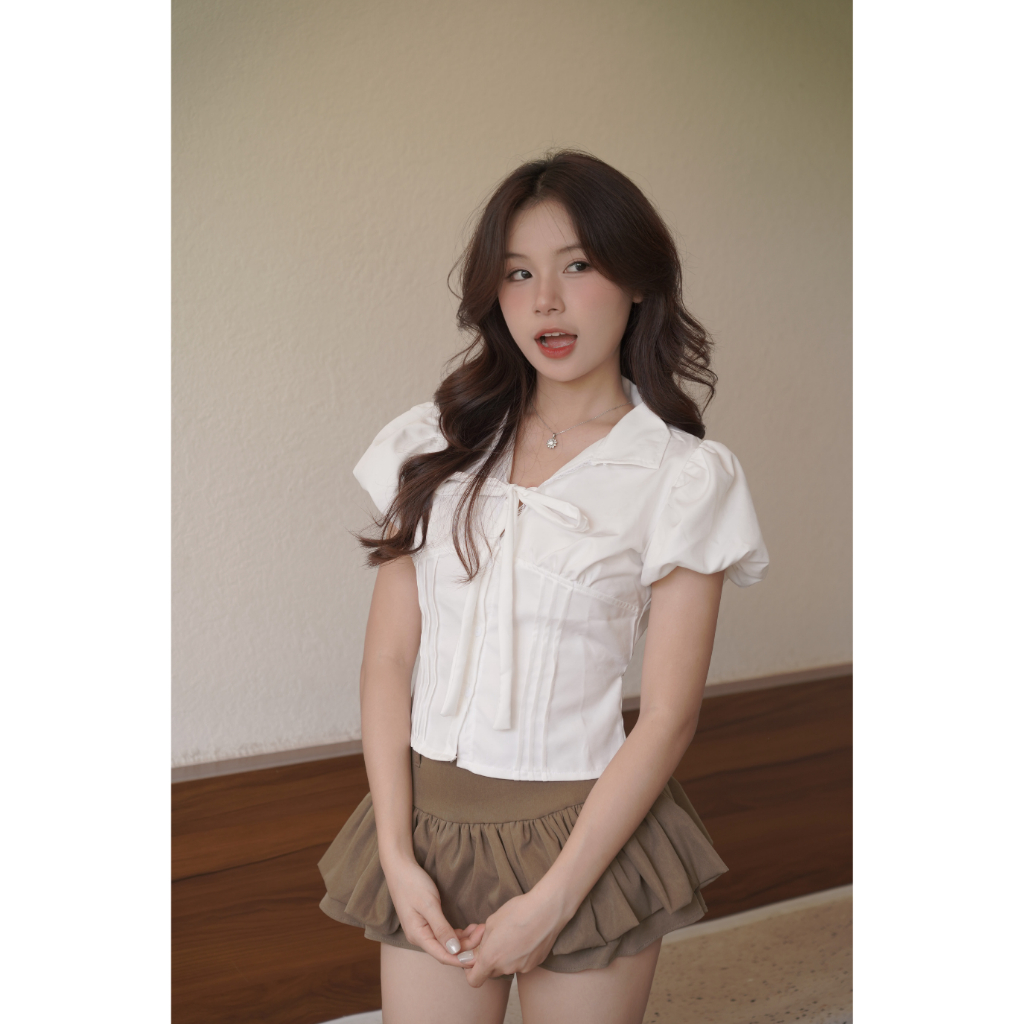 Áo Sơ Mi SAIGONESE Form Chiết Eo Phối Ren Nơ Tay Phồng Chuẩn Dáng Nữ - A01SP | BigBuy360 - bigbuy360.vn