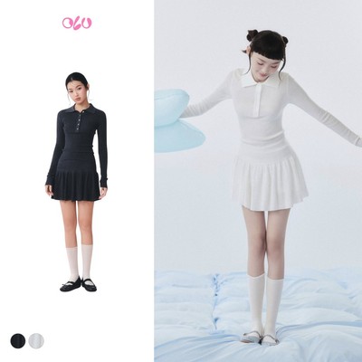 Set OLV áo và chân váy len polo dễ thương Ribbed Knit Heart Button Set phù hợp đi chơi