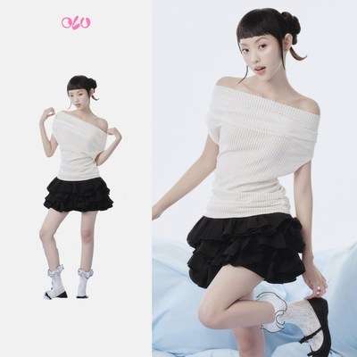 Áo OLV lệch vai dáng ôm body trẻ trung thanh lịch Ivory Ribbed Off Shoulder Top phù hợp đi chơi