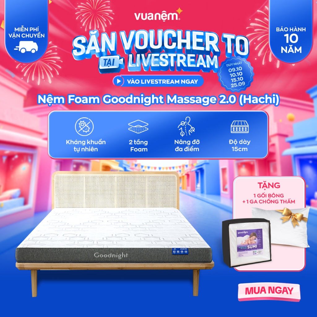 Nệm Foam Vua Nệm Goodnight Massage 2.0 (Hachi) 15cm, Đệm Foam Massage Toàn Thân Nâng Đỡ