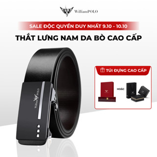 Thắt lưng nam da bò cao cấp Williampolo mặt đen bạc khóa tự động, họa tiết nổi sang trọng