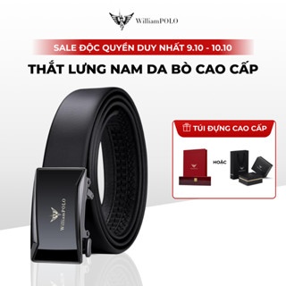 Thắt lưng nam da bò Williampolo mặt khóa bạc kính chính hãng cao cấp POLO20187-89