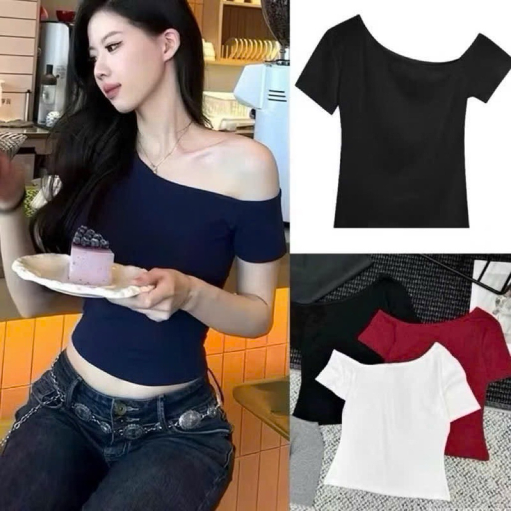 Áo croptop trễ vai ôm body tay ngắn vải thun tam lãnh co giãn phom dưới 52kg | BigBuy360 - bigbuy360.vn