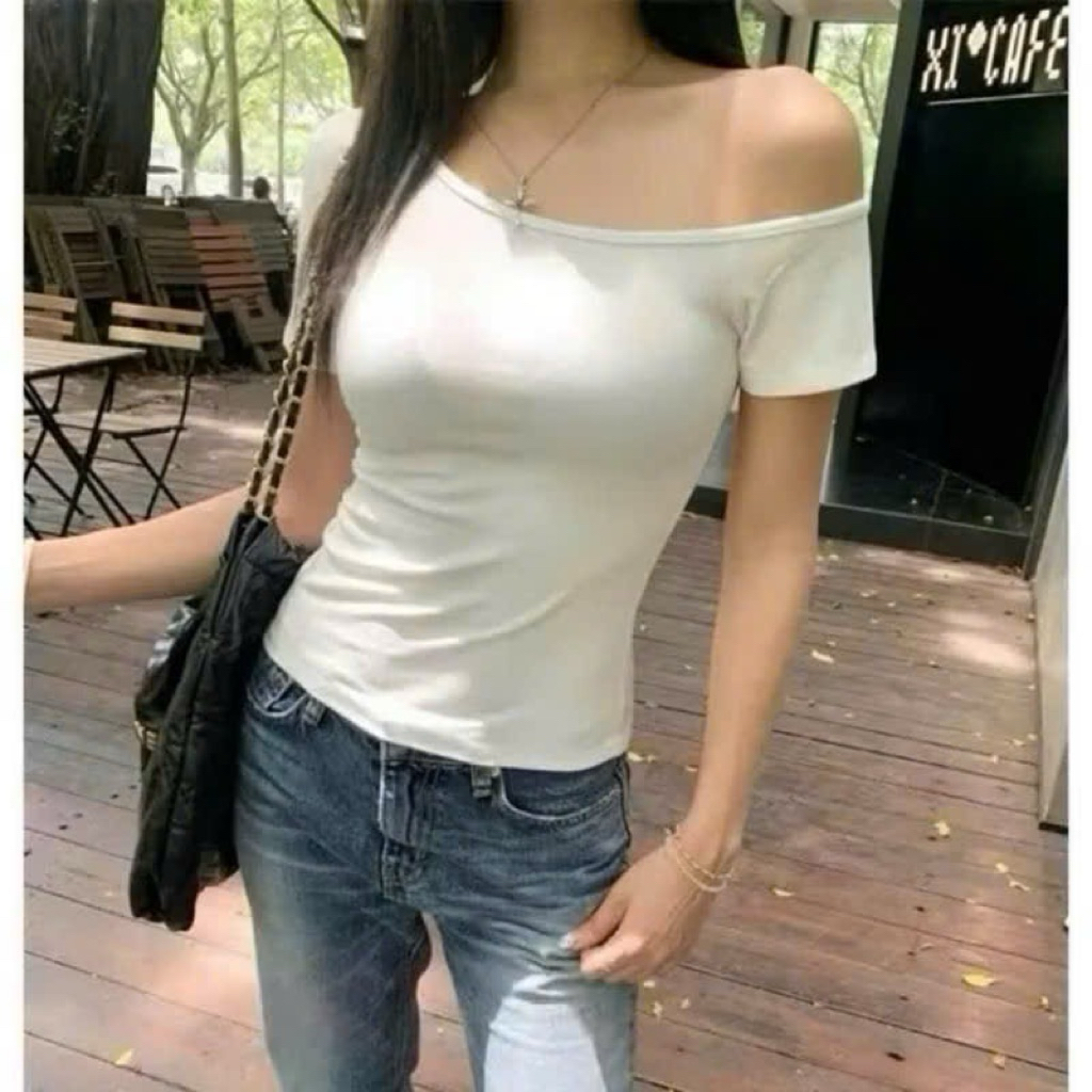Áo croptop trễ vai ôm body tay ngắn vải thun tam lãnh co giãn phom dưới 52kg | BigBuy360 - bigbuy360.vn