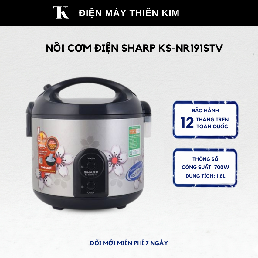 Nồi cơm điện Sharp KS-NR191STV - 1.8L 700W - lòng nồi chống dính - bảo hành 12 tháng toàn quốc