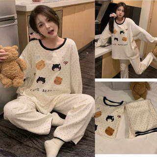  Set Bộ Nỉ Gấu Bear Wow Chấm Bi Nữ. Bộ Đồ Dài Tay Form Rộng Dễ Thương 