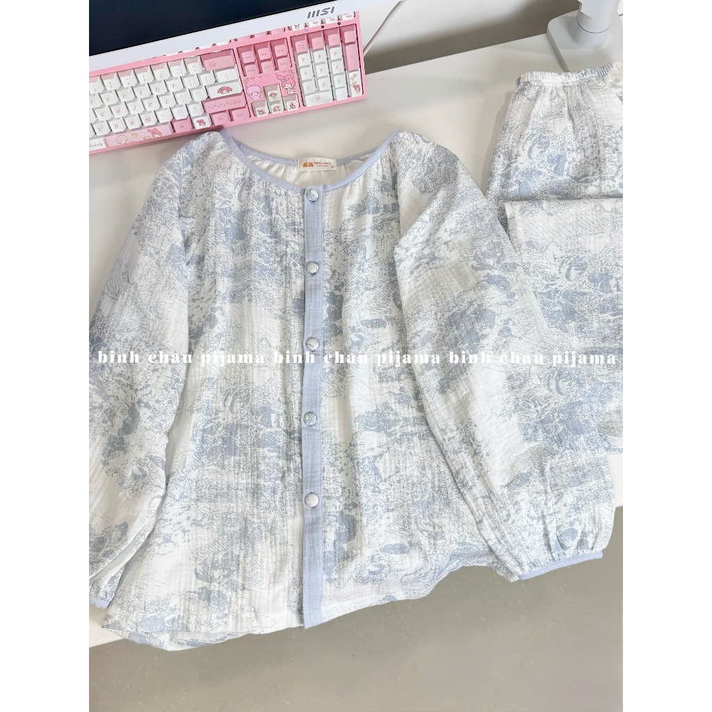  Đồ bộ xô Muslin nữ mặc nhà họa tiết cổ điển vintage thiết kế dáng thoải mái | Binh Chau Pijama 