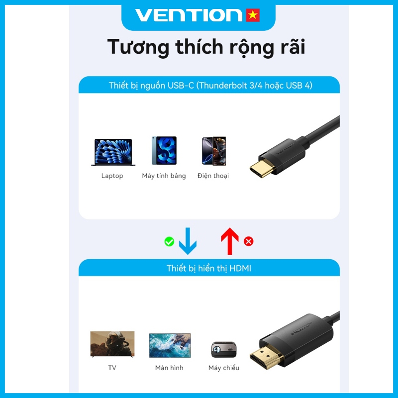 Cáp Chuyển Đổi Type C sang HDMI Vention 4K 60Hz Chuyển Đổi Tương Thích Giữa Điện Thoại Máy Tính TV | BigBuy360 - bigbuy360.vn