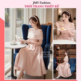 V585, RC637 Váy đầm tafta hồng be trễ vai thiết kế dự tiệc [TH HA LE] váy xòe tafta trễ vai đính đá sang chảnh