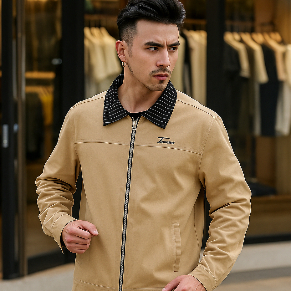 Áo Khoác Jacket Canvas Kaki Menwear 2 Lớp Có Cổ Cao Cấp