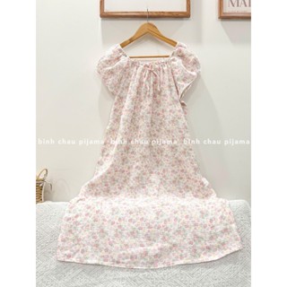 Đầm Ngủ Dáng Suông Rộng Nữ Tay Bồng Cổ Tròn Vải Xô Muslin Thoáng Mát | Binh Chau Pijama